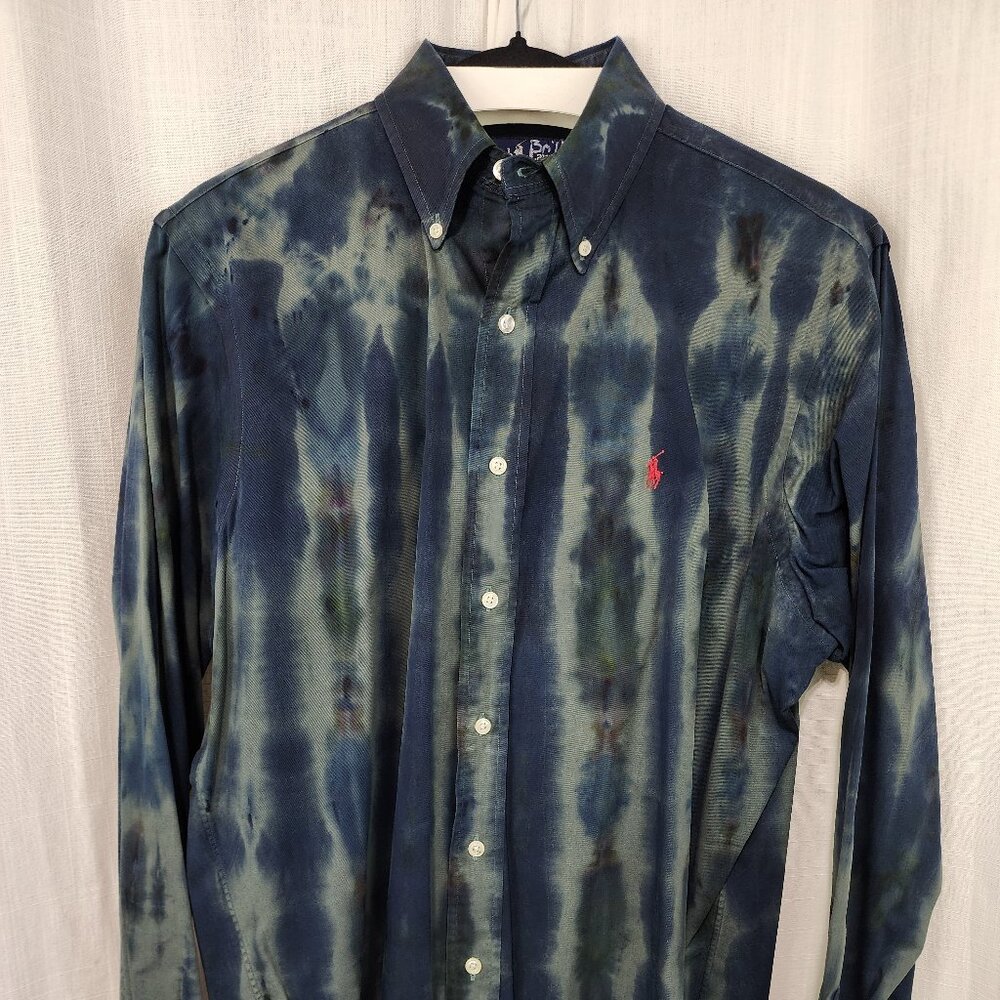 Oregon Rain Tie-Dyed Men's Dress Shirt – Strong Navy, Dark Green, Light Olive